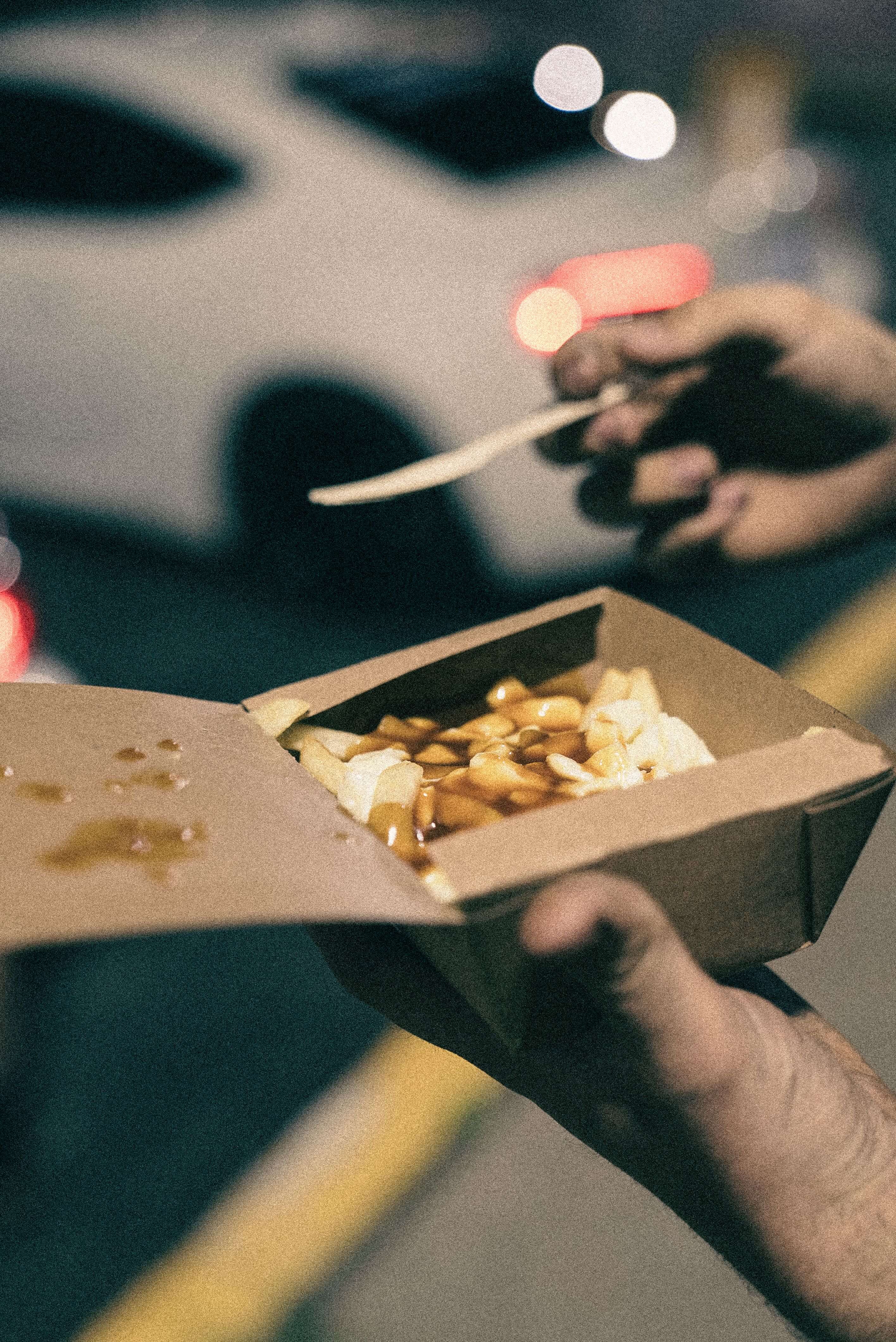A portion of chips with cheese and gravy